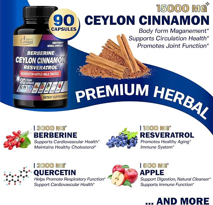 Organic Cadane Ceylon Cinnamon 15000mg Berberine 3000mg Quercetin 2000mg Supplement 10in1 with 90 Veggie