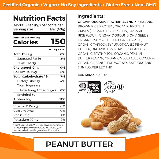 Orgain Organic Vegan Protein Bars, Peanut Butter - 10g Plant Based Protein, Low Calorie Healthy Snacks, No Lactose or Soy Ingredients, Gluten Free, Non-GMO - 1.41 Oz (Pack of 12)