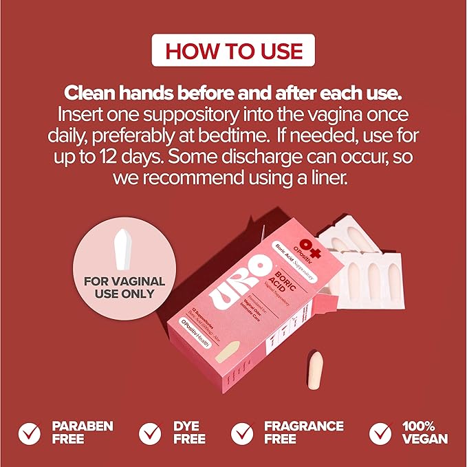 URO Boric Acid Vaginal Suppository – with Boric Acid, Lactic Acid, and Aloe for Fast Relief and Vaginal Odor Control – Vegan, Paraben-Free, Dye-Free, Fragrance-Free – 12 Count (Pack of 1)
