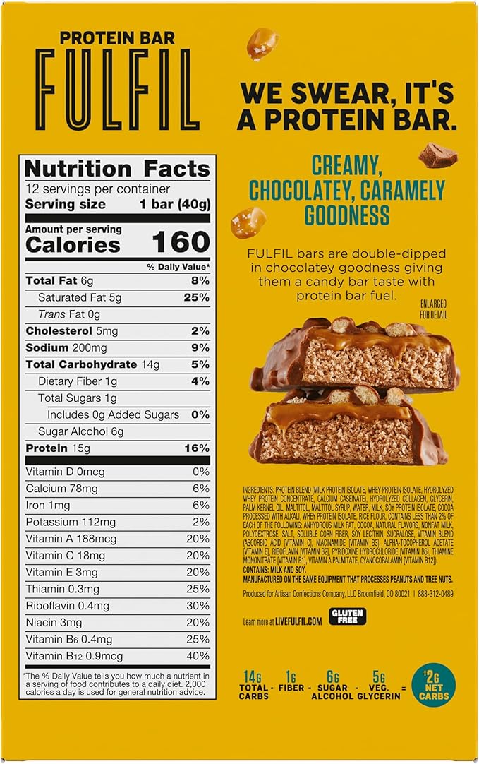 FULFIL Protein Snack Bars, Chocolate Salted Caramel, 15g Protein, Pantry Staples, 12 Count