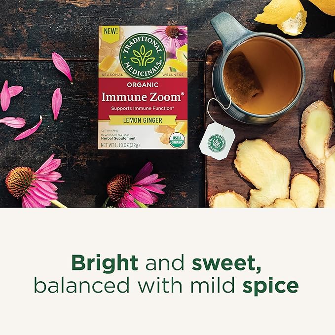 Traditional Medicinals Organic Immune Zoom Lemon Ginger, Supports Immune Function, (Pack of 6) - 96 Tea Bags Total
