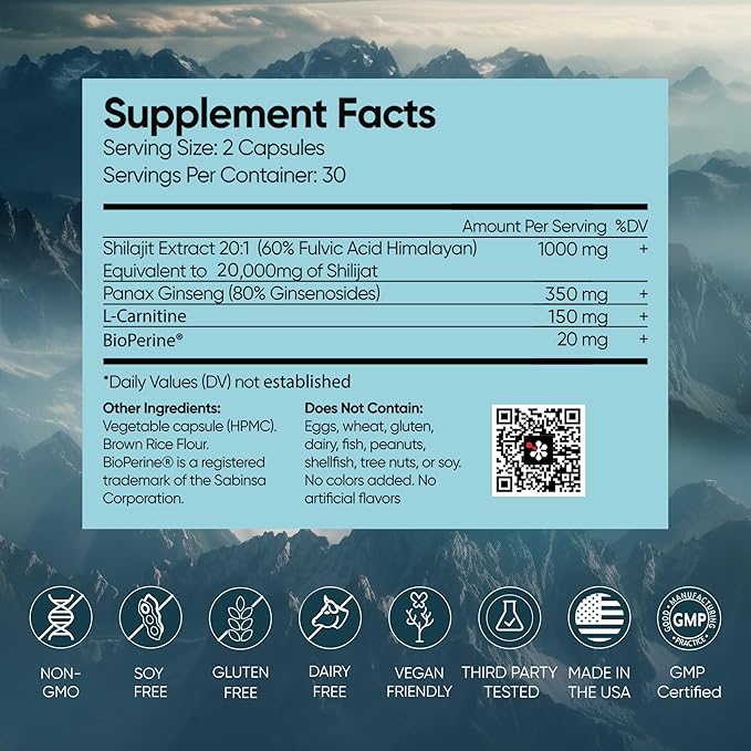 Pure Himalayan Shilajit Supplement 60 Capsules 60% Fulvic 85+ Trace