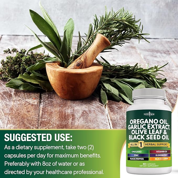 NEW AGE Oregano Oil 6000mg Garlic 4000mg Olive 3000mg with 120 Count