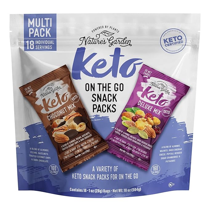 Nature’s Garden Keto On The Go Snack Packs – Keto Choco Nut Mix, Keto Deluxe Mix, Mixed Nuts, Savory and Sweet Snacks, Keto-Friendly, Crunchy Snack – 1 Oz Bags (18 Individual Servings)