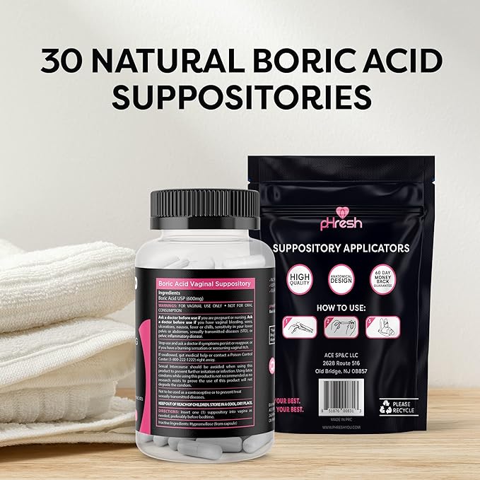 pHresh Boric Acid Vaginal Suppositories 600mg (30 Count Veggie Capsules) + 15 Vaginal Suppository Applicators - Supports Vaginal Health & Promotes Healthy pH Balance - Made in The USA