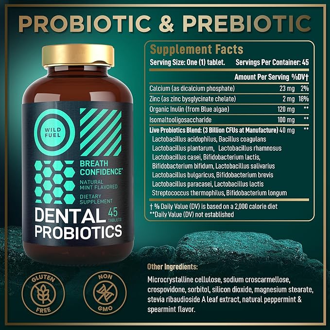 Oral Probiotics for Mouth Bad Breath - Dental Probiotics for Teeth and Gums - 3 Billion CFU Advanced Bad Breath Treatment for Mouth Health - 45 Prebiotic and Probiotic Lactobacillus Salivarius Tablets