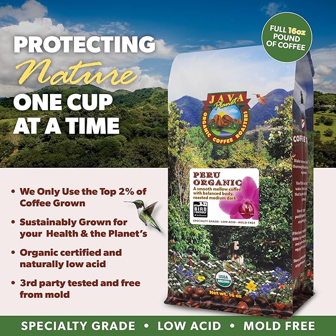 Java Planet Organic, Peru Single Origin Medium Dark Roast, Smooth Full Flavored Organic Coffee Beans, Low Acid, Whole Bean Coffee, Smithsonian Bird Friendly 1LB Bag