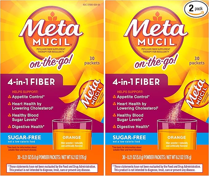 Metamucil On-The-Go, Psyllium Husk Fiber Supplement, 4-in-1 Fiber 30 Count 2 Packs (60 Count