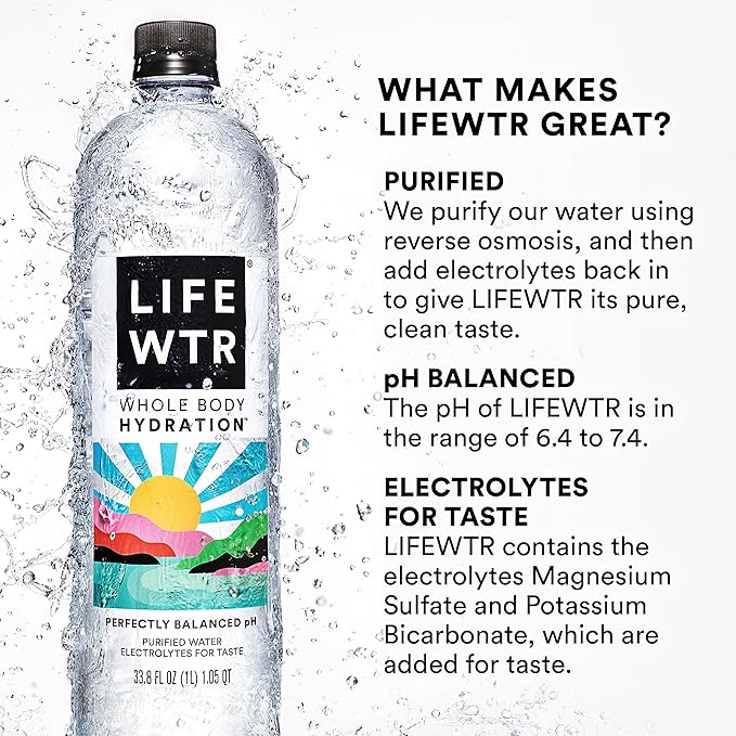 LIFEWTR Premium Purified Water pH Balanced with Electrolytes, 100% recycled plastic bottles, 16.9 Fl Oz Bottles, 500ml (Pack of 12)