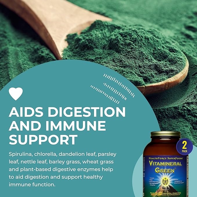 HealthForce SuperFoods Vitamineral Green - Mineral Supplement for Immune & Thyroid Support - Green Powder Supplement with Ingredients from The Land - Gluten-Free & Vegan - 500 Grams (Pack of 2)