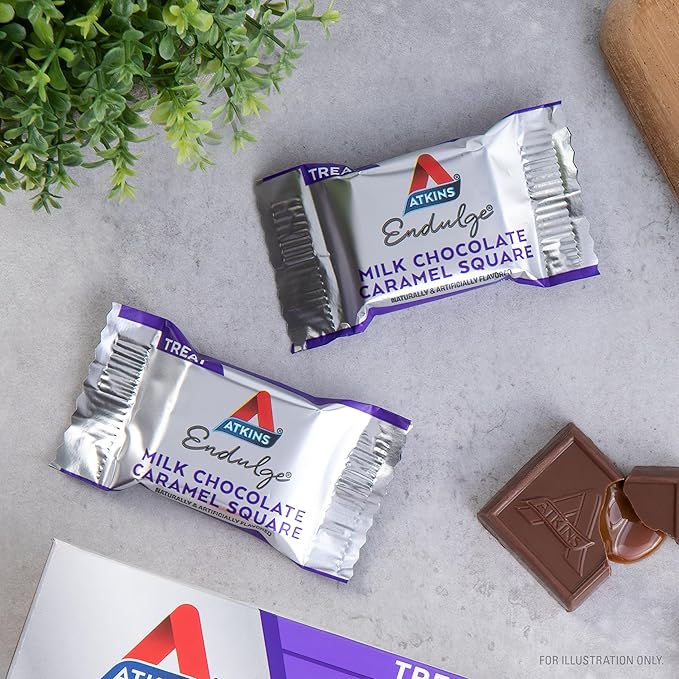 Atkins Endulge Milk Chocolate Caramel Squares, Dessert Favorite, Good Source of Fiber, 1g Sugar, 48 Count (16 Servings)