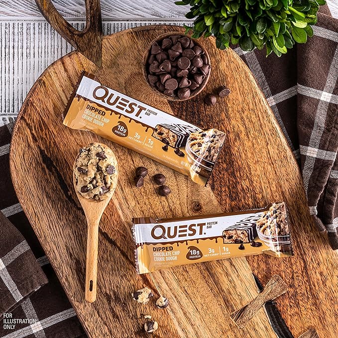 Quest Nutrition Dipped Chocolate Chip Cookie Dough Protein Bars, 18g Protein, 3g Net Carbs, Gluten Free, 1.76 Oz, 12 Count