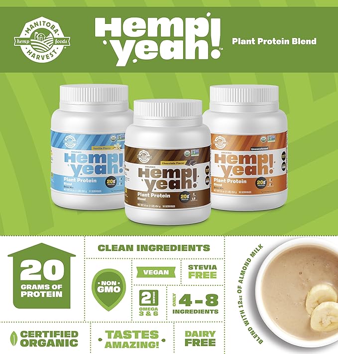 Manitoba Harvest Hemp Yeah! Organic Plant-Based 16oz; with 20g of 4g of 1.9g Omegas 3&6 Per
