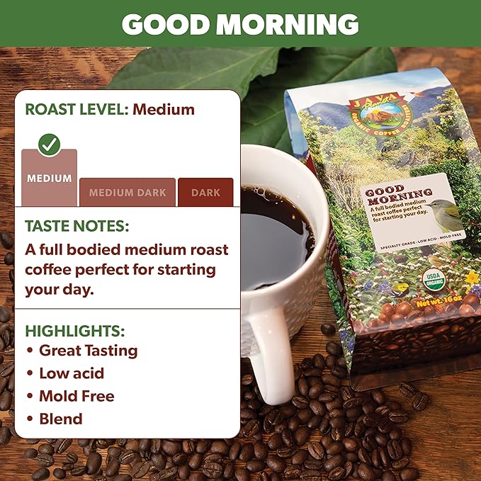 Java Planet Organic, Good Morning Blend Medium Roast, Smooth Full Flavored Organic Coffee Beans, Low Acid, Whole Bean Coffee 1LB Bag