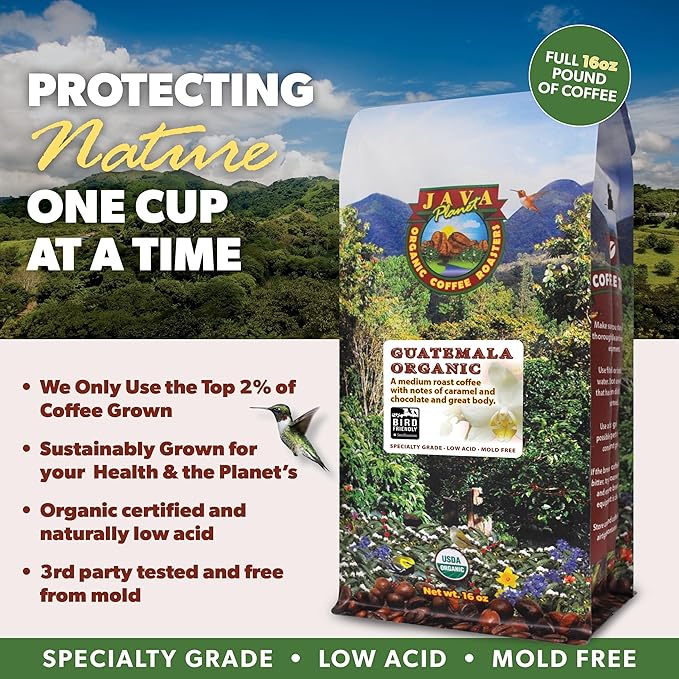 Java Planet Low Acid Coffee, Organic Guatemala Single Origin: Whole Bean Medium Roast - Smooth Full Flavored Coffee Bean, Smithsonian Bird Friendly 5LB Bag