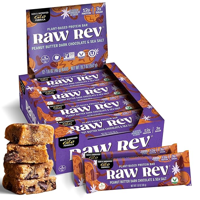 Peanut Butter Dark Chocolate & Sea Salt "New and Improved Glo" Vegan Protein Bars, 12g of Plant-Based Protein with Only 3g of Sugar, Pack of 12