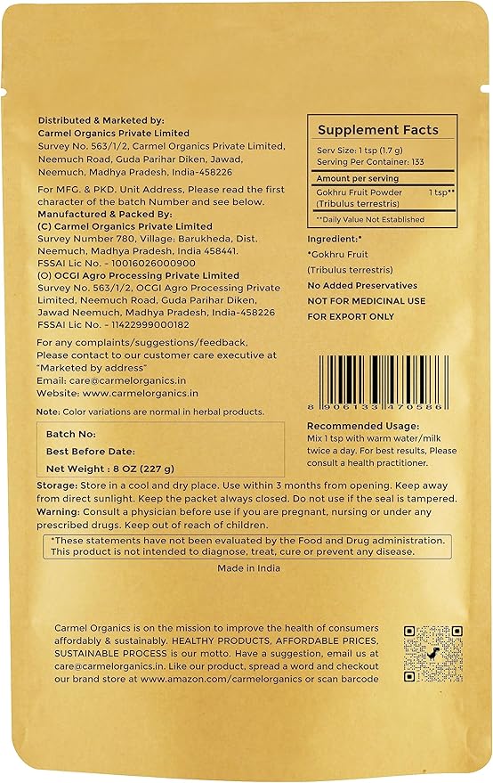 CARMEL ORGANICS Natural Gokhru/Gokhsuru Fruit Powder 8 Ounce 0.5 Lb/ 227 Grams(Pack 1)| Tribulus