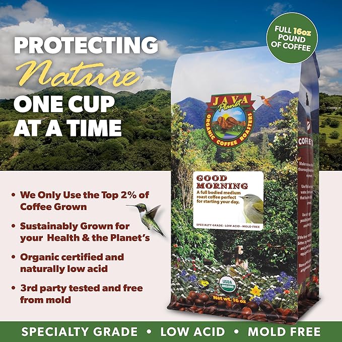 Java Planet Organic, Good Morning Blend Medium Roast, Smooth Full Flavored Organic Coffee Beans, Low Acid, Whole Bean Coffee 1LB Bag