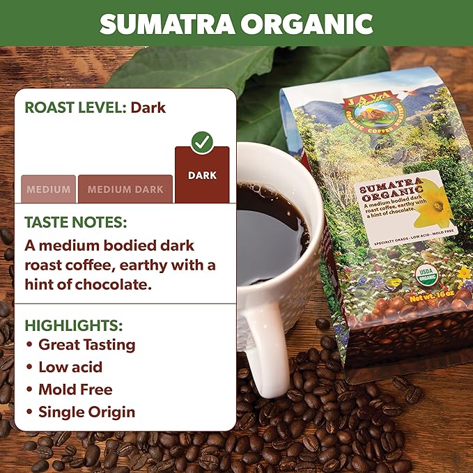 Java Planet Organic, Sumatra Single Origin Dark Roast, Smooth Full Flavored Organic Coffee Beans, Low Acid, Whole Bean Coffee Two 1LB Bags