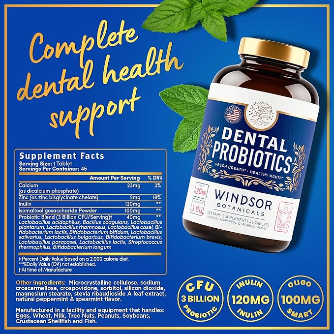 Oral Probiotics for Teeth and Gums - 3BN CFU Lactobacillus Salivarius Acidophilus Rhamnosus Streptococcus - Bad Breath Treatment for Adults - 45 Chewable Mint Dental Probiotic Tablets for Women & Men