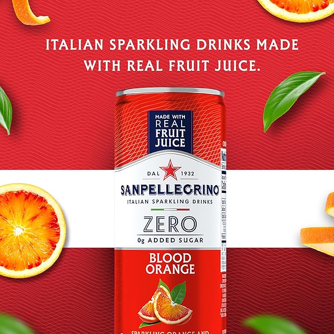 Sanpellegrino Zero Grams Added Sugar Italian Sparkling Drinks, Sparkling Blood Orange Beverage, 24 Pack of 11.15 Fl Oz Cans