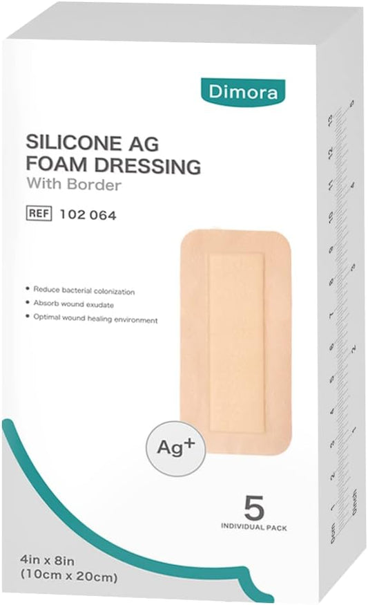 Dimora Silicone Foam Dressing Silver Ag 4"x 8" 8" Adhesive 5 Packs