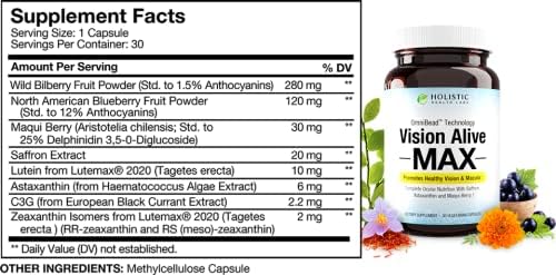 Vision Alive Max with 8 Natural Ingredients Lutemax® 2020, Bilberries, Blueberries, c3g from Black Currant, Maqui Berry, Saffron, and Astaxanthin (30 Count (Pack of 1))