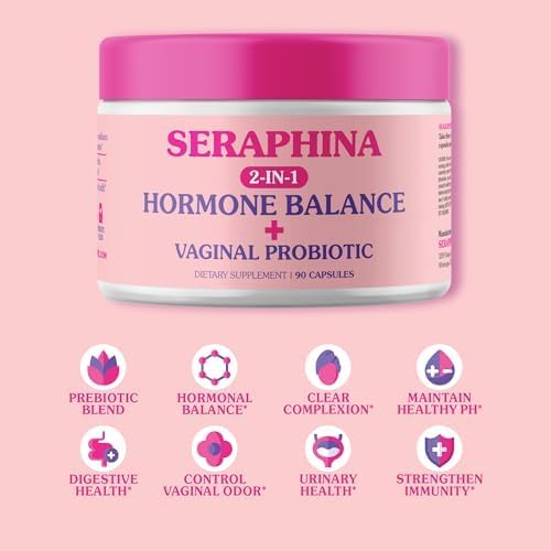 Seraphina Vaginal Probiotics 2-in-1 for Women + Hormone Balance - 90 Capsules Complete Feminine Care, PMS & Urinary Tract Health, Prebiotic Blend, 10 Billion CFU, 6 Strains (90 Count (Pack of 1))