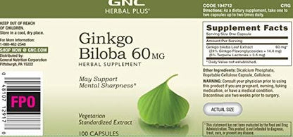 GNC Herbal Plus Ginkgo Biloba 60mg, 100 Capsules,