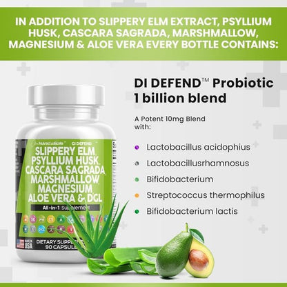 Clean Nutraceuticals Slippery Elm Psyllium Husk Pre Probiotic Digestive Gut Health Supplement with Aloe Vera Cascara Sagrada Marshmallow Root DGL Licorice Senna Extract