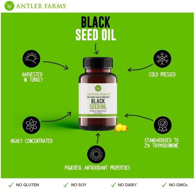 Antler Farms - Black Seed Oil -100% Pure, 60 Softgels, 500mg – 2% Thymoquinone,