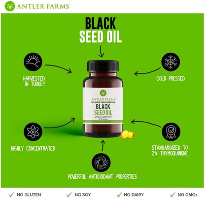 Antler Farms - Black Seed Oil -100% Pure, 60 Softgels, 500mg – 2% Thymoquinone,