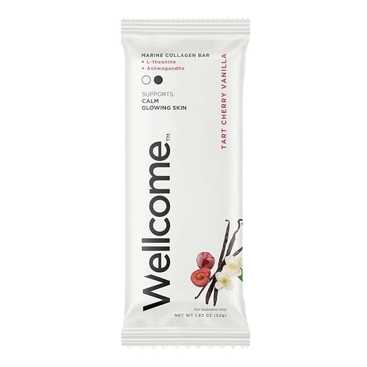 Wellcome Tart Cherry Vanilla Marine Collagen Protein Bar with Ashwagandha and L-Theanine - Adaptogenic Snack Bar - Dairy Free Health Bar for Functional Active Lifestyle (Pack of 12)