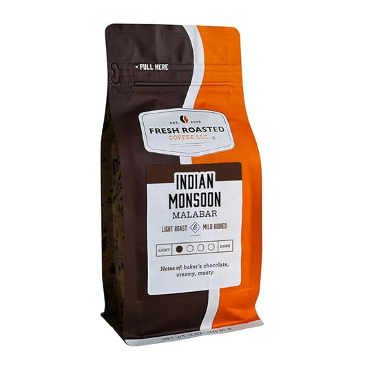 Fresh Roasted Coffee, Indian Monsoon Malabar, 12 oz, Light Roast, Kosher, Whole Bean