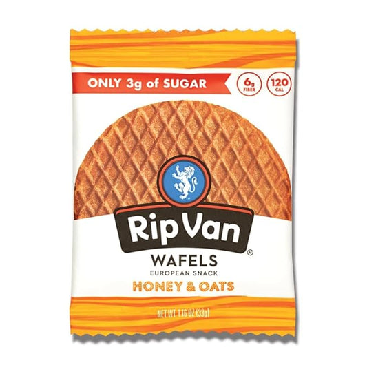 Rip Van Wafels Honey and Oats Stroopwafels, Healthy Snacks, Non-GMO, Keto Friendly, Office Snacks, Low Sugar (3g), Low Calorie, 12 Pack