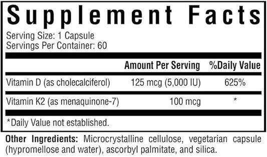 Vitamin D3 + K2 | 5000 IU of D3 (as cholecalciferol) for Optimal Calcium Absorption | 100 mcg of K2 (as menaquinone-7) for Circulatory Health | Supports Bone & Immune Health | 60 Vegetarian Capsules