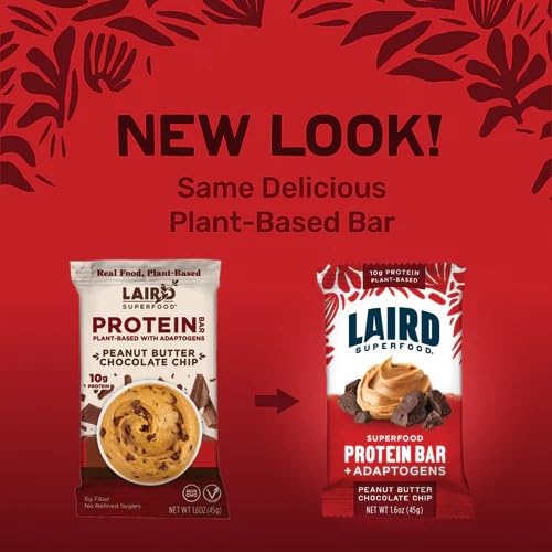 Laird Superfood Functional Protein Bars – Protein Bar but Better with Real Ingredients, Functional Mushrooms 10g Plant-Based Protein, 6g Fiber - Non-GMO - Peanut Butter Chocolate Chip, 10 Count (Pack of 1)
