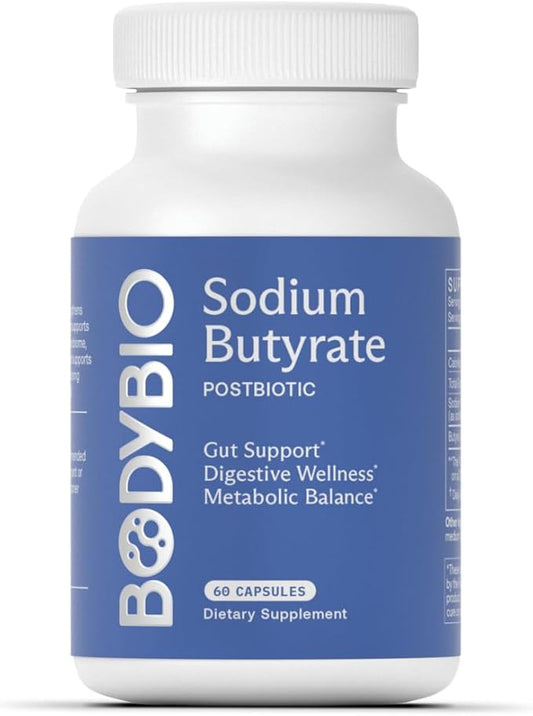 BodyBio Butyrate Supplement - Postbiotic for Gut Microbiome Health, Digestion and Regulation Support - Butyric Acid with Sodium - 60 Capsules