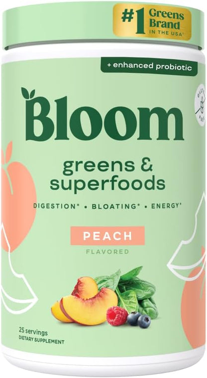 Bloom Nutrition Superfood Greens Powder, Digestive Enzymes with Probiotics and Prebiotics, Gut Health, Bloating Relief for Women, Chlorella, Green Juice Mix with Beet Root Powder, 25 SVG, Peach