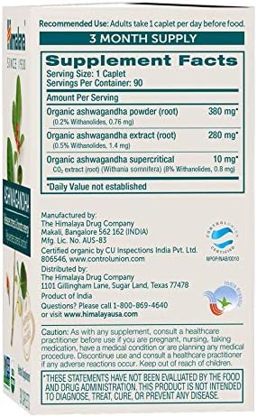 Himalaya Organic Ashwagandha, 90 Day Supply, Herbal Supplement for Stress Relief, Energy, Occasional Sleeplessness, Excipient Free, Organic, Non-GMO, Vegan, Gluten Free, 670 mg, 90 Caplets