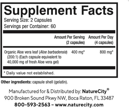 NatureCity True-Aloe 80,000mg Aloe Vera Gel Equivalent Per Serving – Made with Organic Aloe Vera (120 Capsules) Digestive, Skin and Joint Support | Small Easy-to-Swallow Pills