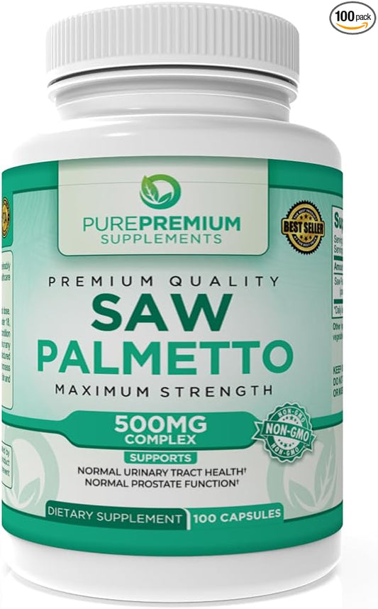 Premium Saw Palmetto 500 mg for Men & Women – Maximum Strength Saw Palmetto Extract & Powder Capsules Supplement - Support Normal Urinary Tract, Prostate Health & Hair - 3 Months Supply - 100 Tablets