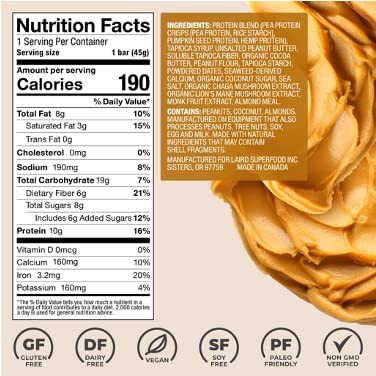 Laird Superfood Functional Protein Bars – Protein Bar but Better with Real Ingredients, Functional Mushrooms 10g Plant-Based Protein, 6g Fiber - Non-GMO - Peanut Butter, 10 Count (Pack of 1)