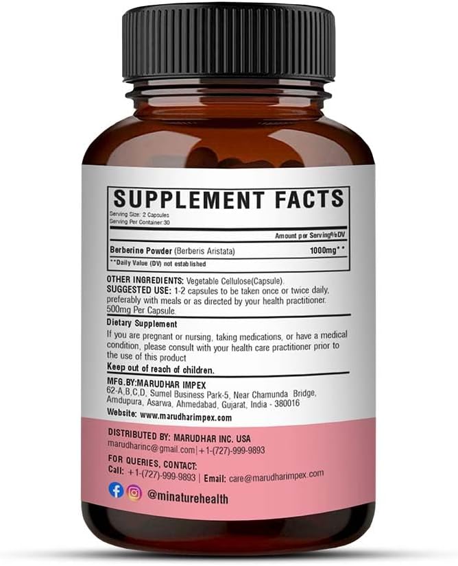 minature Berberine Capsules |60 Veg Capsules, 1Month Supply, 30g| Pure