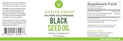 Antler Farms - Black Seed Oil -100% Pure, 60 Softgels, 500mg – 2% Thymoquinone,