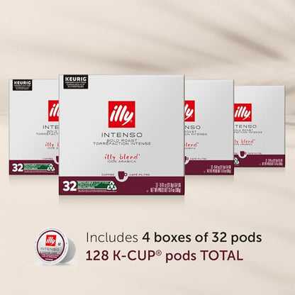 Illy Coffee, Intenso Dark Roast Coffee K-Cups, Made With 100% Arabica Coffee, Intense & Robust Flavor, All-Natural, No Preservatives, Coffee Pods for Keurig Coffee Machines,128 K-Cup Pods