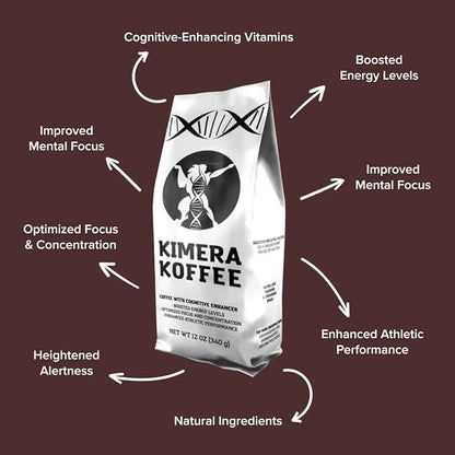 Kimera Koffee Original Blend - Organic Medium Roast Ground Coffee, Vitamin-Infused with Taurine, Alpha GPC, DMAE, L-Theanine for Cognitive Support & Athletic Performance, 12oz