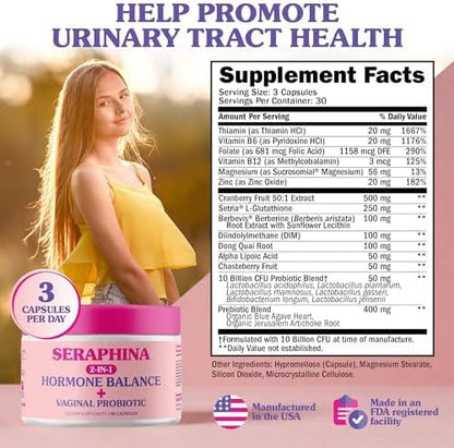 Seraphina Vaginal Probiotics 2-in-1 for Women + Hormone Balance - 90 Capsules Complete Feminine Care, PMS & Urinary Tract Health, Prebiotic Blend, 10 Billion CFU, 6 Strains (90 Count (Pack of 1))