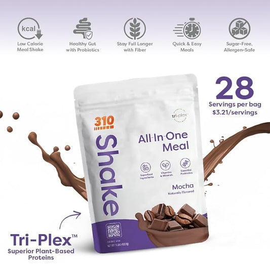 310 Nutrition All-In-One Meal Replacement Shake - Fiber-Rich Superfood Blend with Natural Sweeteners - Low Carb, Keto & Paleo Friendly, Gluten-Free, 26 Essential Vitamins & Minerals, Mocha, 28 Servings