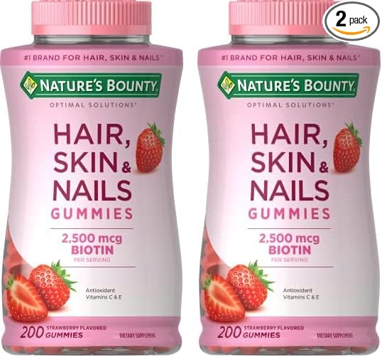 Nature's Bounty Optimal Solutions Hair, Skin and Nails Gummies with Biotin, 25000 mcg, Strawberry Flavored, 200 Count (Pack of 2)